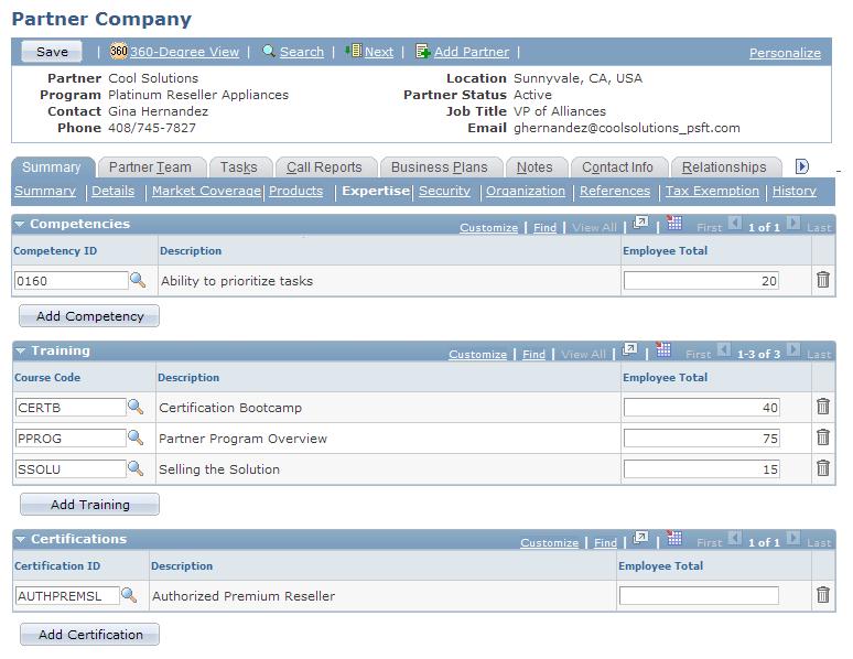 Creating and Maintaining Partner Profiles Chapter 5 Partner Company - Summary: Expertise page See Also PeopleSoft CRM 9.