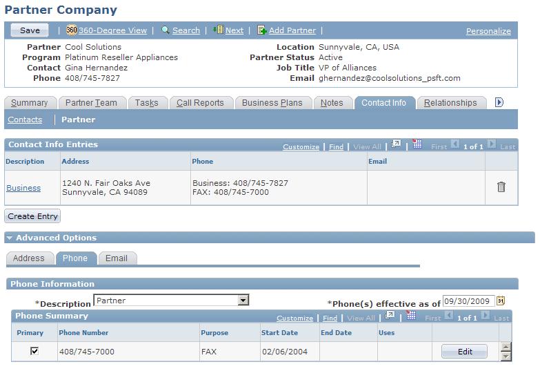 Chapter 5 Creating and Maintaining Partner Profiles Partner Company - Contact Info: Partner page See Also PeopleSoft CRM 9.