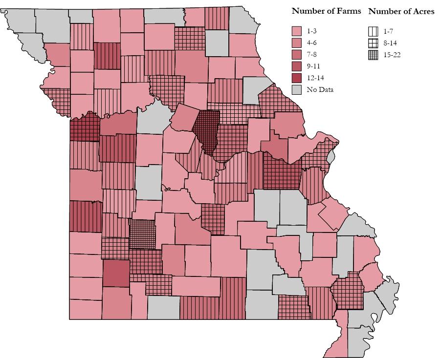 Exhibit 1.1.12 Missouri Apple Farms and Total Acreage by County, 212* * Counties that are shaded but lack a pattern overlay are those that have farms reported but acreage data withheld.