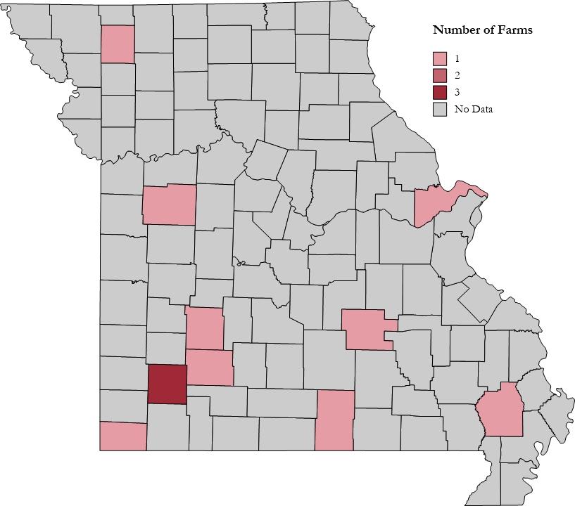 Data for nectarine acreage by Missouri county were withheld. However, Exhibit 1.12.3 highlights Missouri counties based on their count of nectarine farms in 212 when data were available.