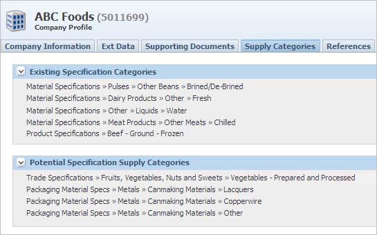 Creating a Company Profile Supply Categories Tab The Supply Categories tab displays a consolidated list of the categories associated with all existing and potential specifications being sourced by
