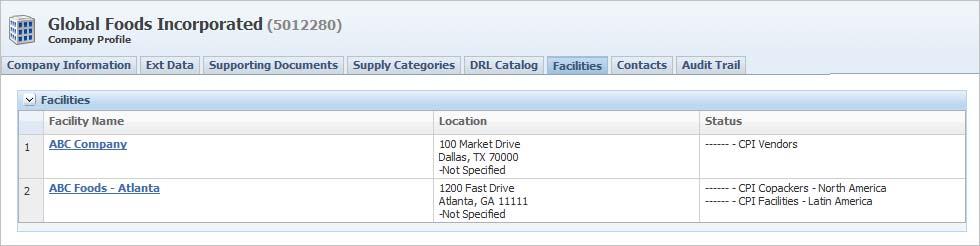 Creating a Company Profile Facilities Tab You can add facilities owned by the company using the Facilities tab.