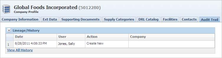 Saving the Company Profile Audit Trail Tab Use the Audit Trail tab, shown in Figure 2 13, to view the history of how a company was created.