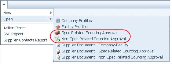 Accessing Sourcing Approvals Accessing Sourcing Approvals To view existing sourcing approvals in SCRM, you can either search for them from the Open action menu, shown in Figure 3 2, or from a