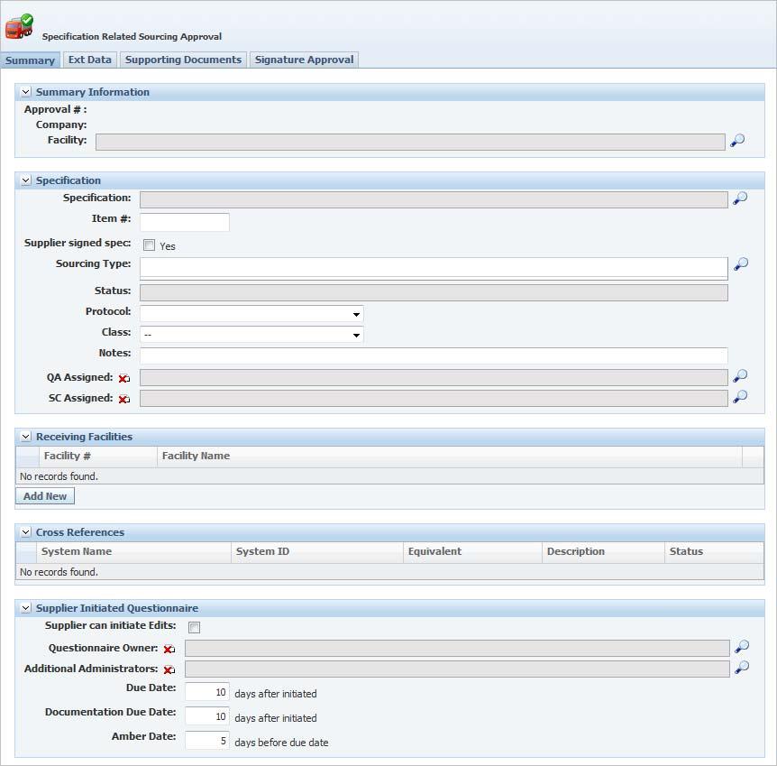 Creating a Specification-Related Sourcing Approval Figure 3 6 Specification Related Sourcing Approval page This page consists of four tabs arranged across the top of the page: Summary Ext Data