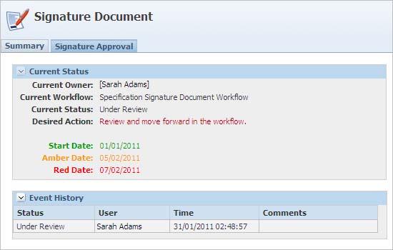 Workflows and Sourcing Approvals Figure 3 17 Signature Approval tab Transitioning a Workflow Click Workflow from the action menu to take action on the signature document, either by advancing it to