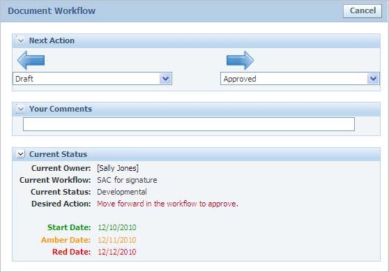 Workflows and Sourcing Approvals Figure 3 18 Document Workflow dialog box 2. Enter comments in the Your Comments field (required). 3. Select a step from the action drop-down list. 4.