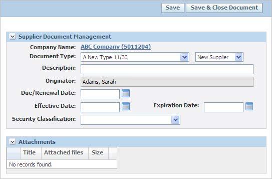 Adding Supplier Documents 3. Click Add New under the Supplier Document Management section. The Supplier Document Management page displays, as Figure 4 6 shows.