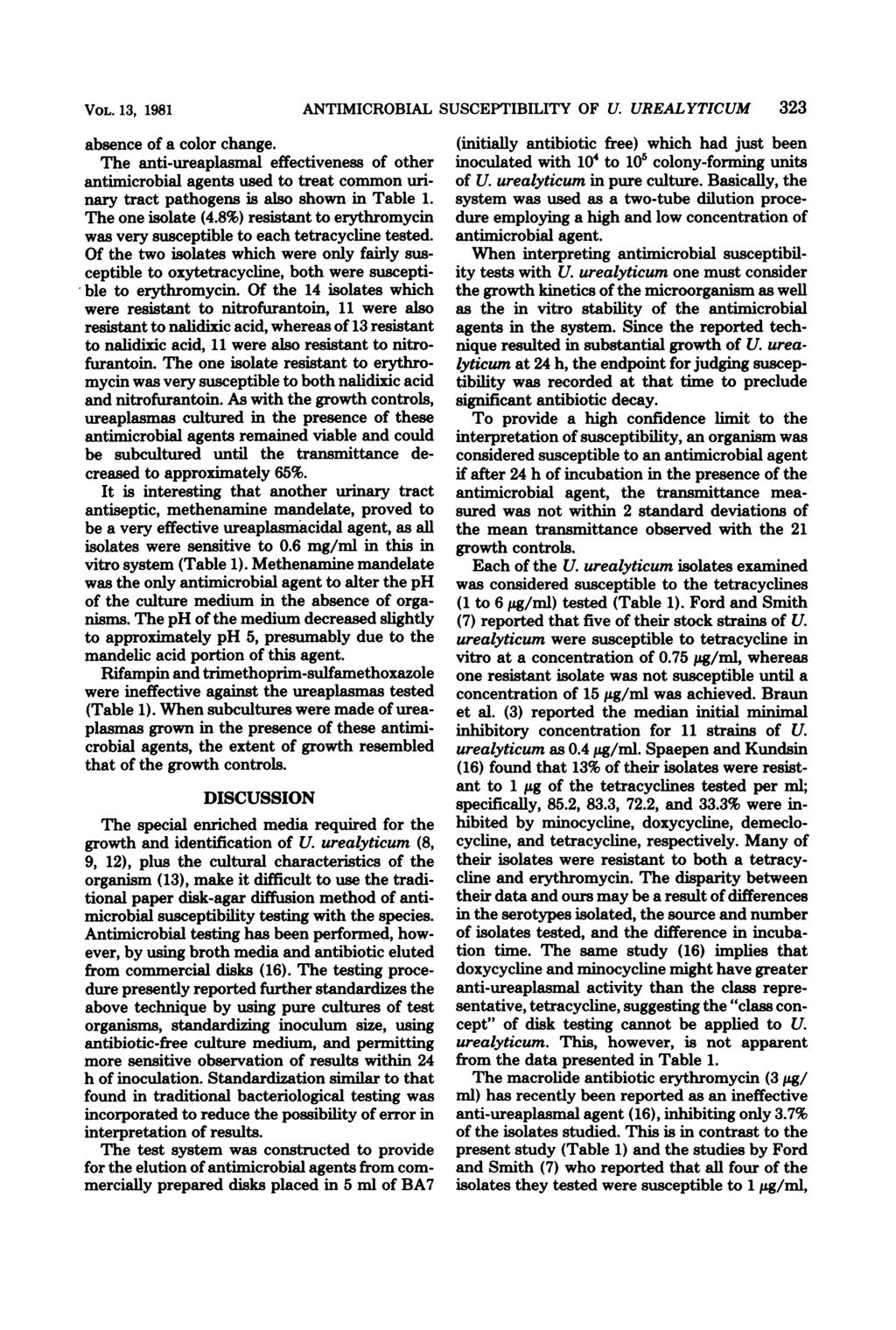 VOL. 13, 1981 absence of a color change. The anti-ureaplasmal effectiveness of other antimicrobial agents used to treat common urinary tract pathogens is also shown in Table 1. The one isolate (4.