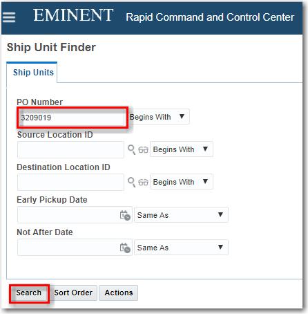 PO Release The Ship Unit Finder screen allows the