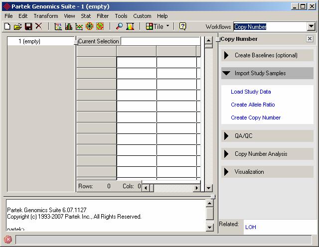 Figure 1: Selecting the Unpaired Copy Number option within the Partek GS main window Select Load Study Data the Copy Number workflow (Figure 1); the dialog in Figure 2 will appear Figure 2: Loading