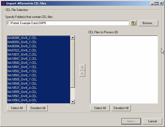 Figure 3: Selecting the folder that contains.cel files for the experiment Click the -> button to move all the.cel files to the right panel.