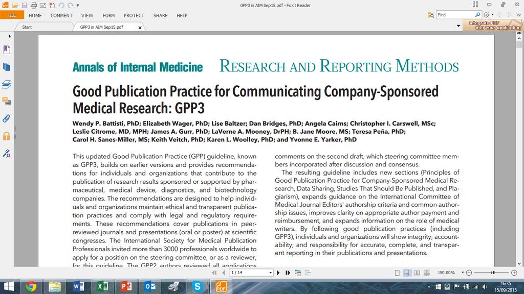 17 Sets out 10 Good Publication Practice principles for company-sponsored medical research Endorses sharing full study reports and appropriately anonymised individual subject data with qualified