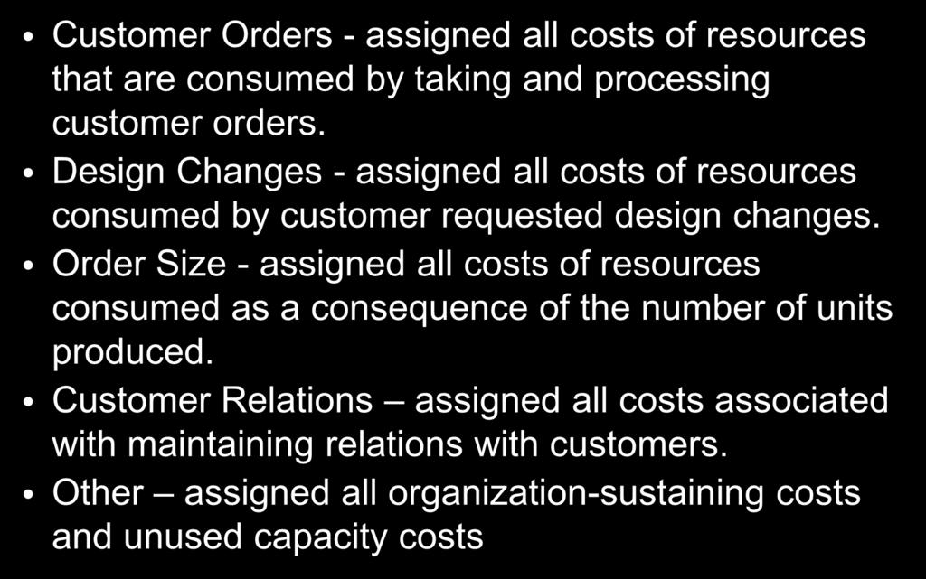 16 Define Activities, Activity Cost Pools, and Activity Measures Customer Orders - assigned all costs of resources that are consumed by taking and processing customer orders.