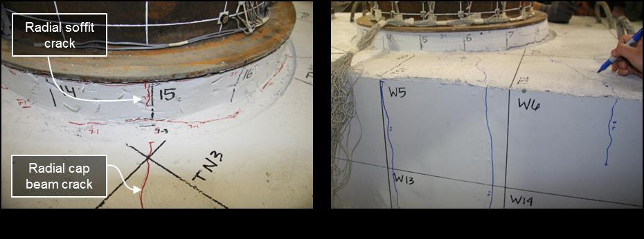 The cap beam cracks formed at approximate angles of 30-45 of one another, and continued vertically down the East and West faces of the cap beam. Figures 5.18a and 5.