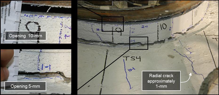 openings and increased radial crack widths on the South side of the specimen at 3.43% drift in the North direction. Figure 5.20: WRC South grout pad cracking at 3.