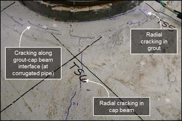 shows radial cracking on the South side of the cap beam as the column was loaded to 1.67% drift in the North direction. Figure 5.53: WRC South cap beam cracking at 1.67% drift North 5.6.3 Moderate to High Drift Cycles (2.