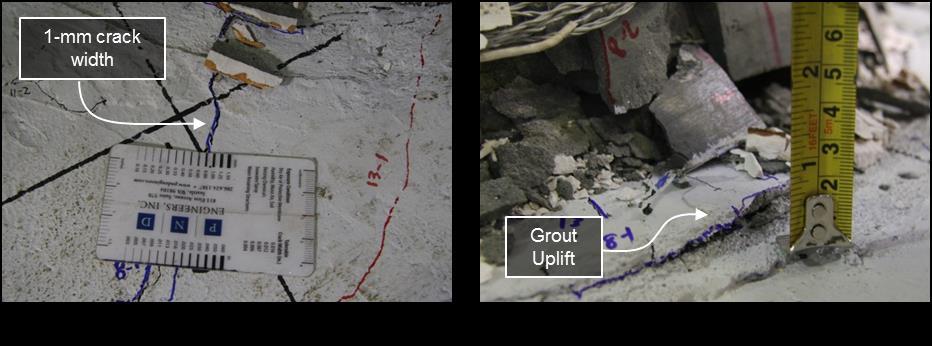 Figure 5.57: RC (a) Cap beam crack widening, and (b) South grout uplift at 7.02% drift North During the 14 th cycle level, the column was cycled to 8.46% drift in the South direction, followed by 8.