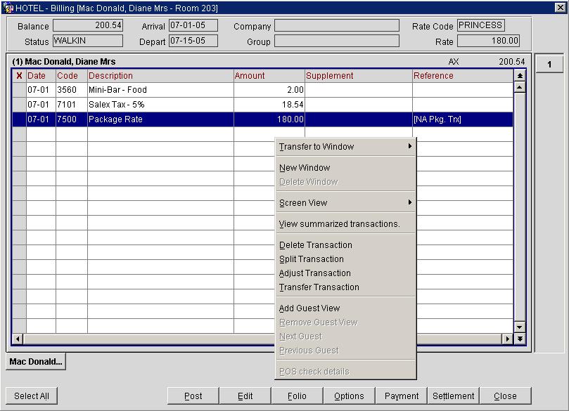 Chapter 4 Cashiering Opera PMS User s Guide 3.0 T Check Out a Guest t Direct Bill: Frm the Billing search screen, highlight the desired guest t check ut and click Select.
