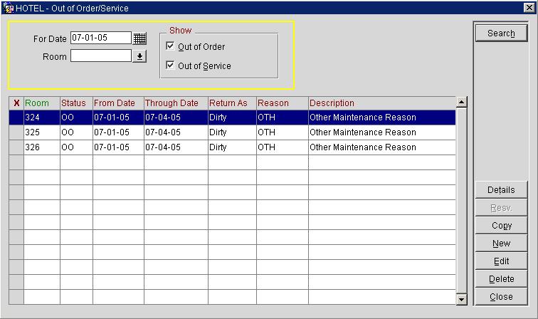 Chapter 5 Rms Management Opera PMS User s Guide 3.0 Fr Date: Select the date frm the calendar field t check rms that are ut f rder r ut f service. The default date is the current date.