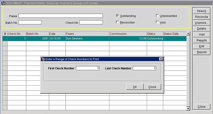 Chapter 7 Cmmissin Handling Opera PMS User s Guide 3.0 First Check Number/Last Check Number. Enter the check number f the first check t print in the First Check Number field.
