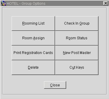 Chapter 2 Reservatins Grup Optins: These ptins include Rming List, Check In Grup, Rm Assign, Rm Status, Statistics, New Pst Master, Delete, Print Keys, and Print Registratin Cards.