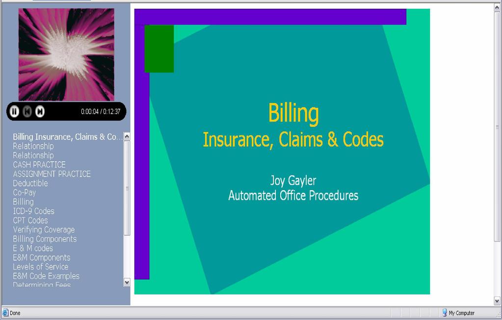 Screenshot of title slide of narrated Billing, Insurance, Claims and Codes