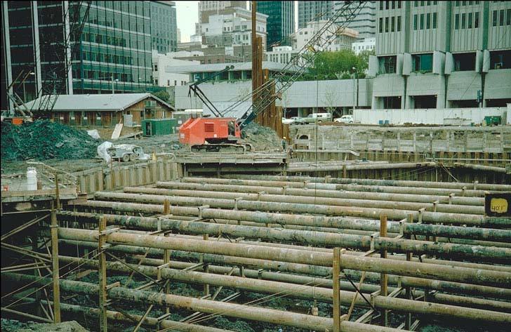 Figure 11 shows the sheet pile wall around a building excavation is supported by pipe struts.