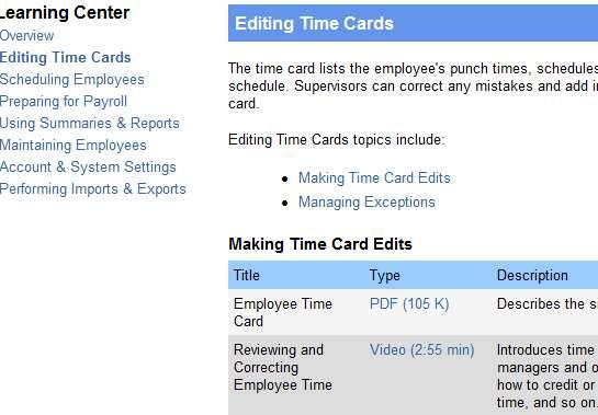 You may select a topic such as Editing Time Cards.