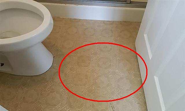 bathroom floor and moisture damage is present at the corner next to the
