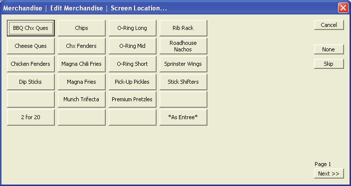 Edit - Screens - Display This page allows you set the location of the button on FOH for this item. The button locations are represented numerically on the Edit Merchandise screen in the Loc field.