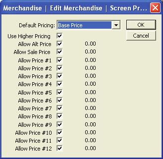 Edit - Screens - Pricing By placing the check box next to each price level for this merchandise item, you can set what pricing levels are available to be used when this merchandise item is sold from