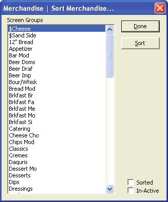 3.4 - Sort Merchandise Screen This window allows you to sort the Merchandise Items on a Front of House POS Terminal screen alphabetically.