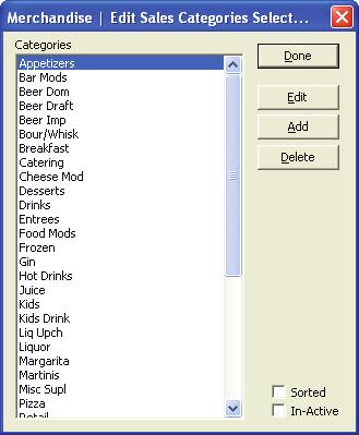 3.7 - Sales Categories This window lets you view, add, modify, or delete the different Sales Categories the Merchandise Items are sorted into.
