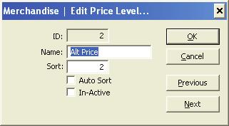 Edit This is the screen where the various characteristics of the price level are set.