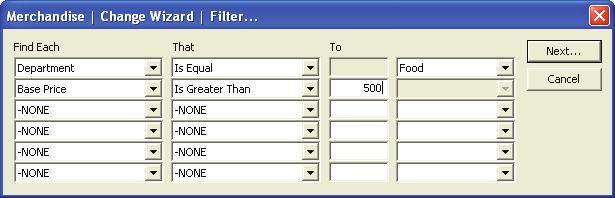 Filter Criteria The Filter window allows you to define up to 6 conditions which all must be meet for the filter to run on a specific merchandise item.