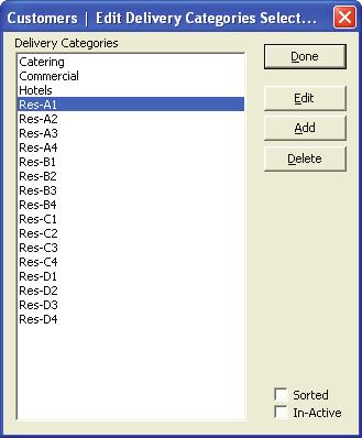 4.4 - Delivery Categories This window lets you view, add, modify, or delete the different Delivery Categories the customers are sorted into.
