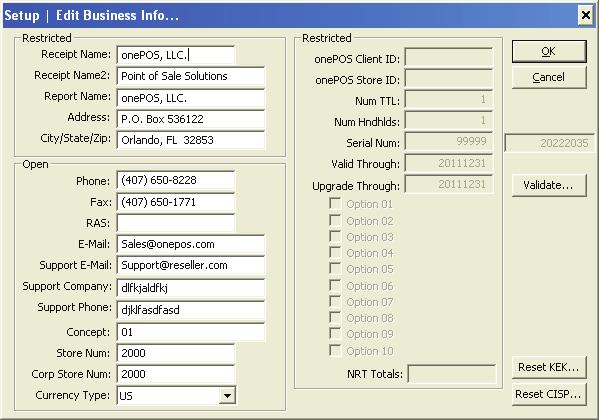 5.1 - Business Info This window allows you to view and modify your General Business Information.