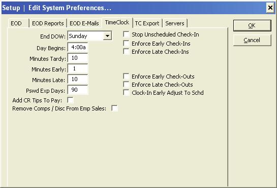 Time Clock This window lets you setup preferences used when clocking employees in and out of the system as well as printing payroll reports.