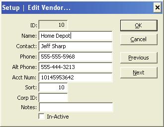 Edit This window lets you modify the currently highlighted Vendor. Setup - Edit Vendors ID - Name - Contact - Phone - Alt Phone - Acct. Num - Sort - Corp.