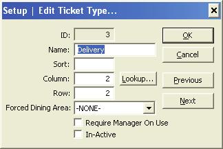 Edit This window lets you modify the currently highlighted Ticket Type. Setup - Edit Ticket Type ID - ID number automatically assigned by the system.