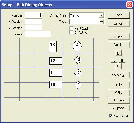 5.10 - Dining Objects This window allows you to view, add, modify, and delete the locations and layout of the Tables in each Dining Areas as displayed on the Front of House POS Terminals.