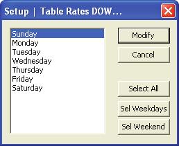 5.20 - Billiard Rates This window allows you to view and modify the different rates for Billiard Tables based on the Day of the Week selected.