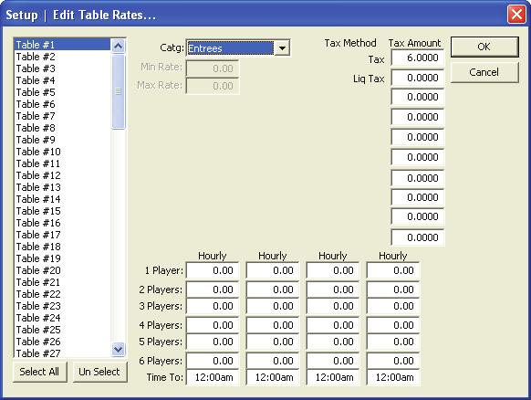 Modify This window lets you modify the rates of the day(s) that is highlighted. Setup - Edit Billiard Rates Tables List - Displays a list of the first 99 tables in the system.