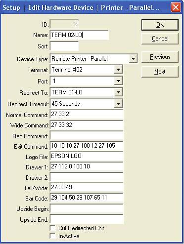 Edit Remote Printer - Parallel Setup - Edit Hardware Devices - Printer Parallel ID - The Identifying number given to this device by the onepos system. This cannot be changed.