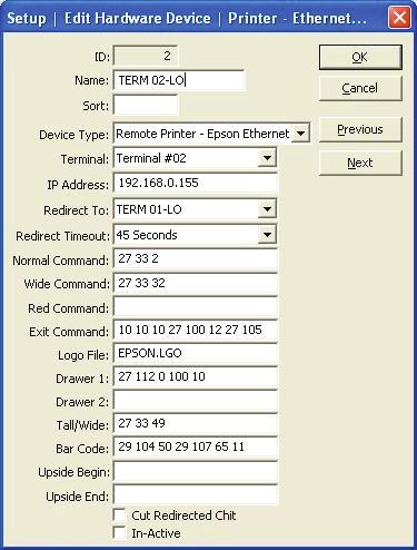 Edit Remote Ethernet Printer - Epson Setup - Edit Hardware Devices - Printer Ethernet Epson ID - The Identifying number given to this device by the onepos system. This cannot be changed.