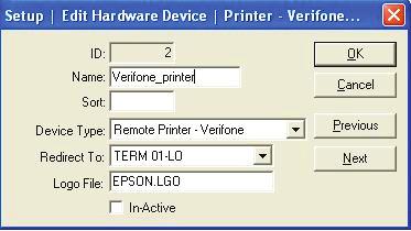 Edit Remote Printer - Verifone Setup - Edit Hardware Devices - Printer Parallel ID - Name - Sort - Device Type - Redirect To - Logo File - In-Active - OK - Cancel - Previous - Next - The Identifying