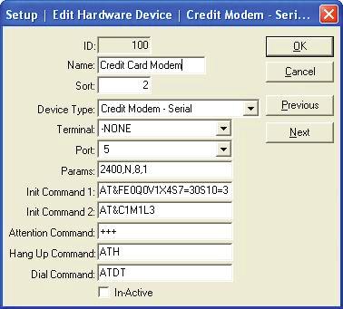 Edit Credit Modem Setup - Edit Hardware Devices - Credit Modem ID - The Identifying number given to this device by the onepos system. This cannot be changed.