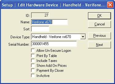 Edit Handheld - Verifone vx670 Setup - Edit Hardware Devices - Handheld - Verifone vx670 ID - Name - Sort - Device Type - Display ID - Serial Number - Allow Un-Secure Logon - The Identifying number