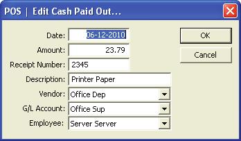 Add This window allows you to record a new cash disbursement to an outside vendor which affects your cash over/short for the day.